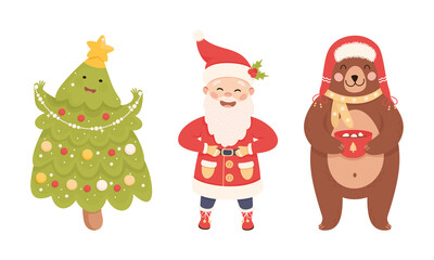 Cute Santa Claus and Fir Tree as New Year Character Standing and Smiling Vector Set