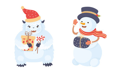 Cute Bigfoot and Snowman as New Year Character Wearing Scarf and Hat Holding Wrapped Gift Box Vector Set
