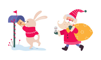 Cute Rabbit Putting Letter in Post Box and Santa Claus Carrying Sack as New Year Character Vector Set