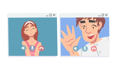 Fototapeta premium Video Conference Screen with Man and Woman Calling Friend and Communicating Via Internet App Vector Set