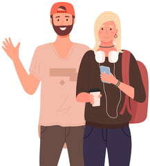 Happy school pupils or college students standing with books. Portrait of smiling people with backpacks. Diverse college, university students, schoolgirl and schoolboy with notebook and laptop studying