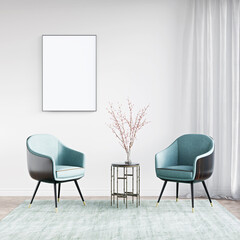 Fototapeta premium Modern interior of a room with an empty painting. Sofa and large window, wooden floor and wall. Clean lines of interior design. 3D rendering