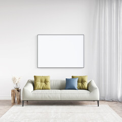 Modern interior of a room with an empty painting. Sofa and large window, wooden floor and wall. Clean lines of interior design. 3D rendering