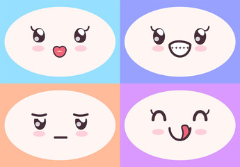 Kawaii cute faces on colorful backgrounds set. Manga style eyes and mouths. Funny cartoon japanese emotion in different face expressions. Anime characters and emotions. Eastern kawaii culture design