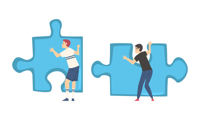 Back View of Young Man Solving Jigsaw Puzzle Vector Set