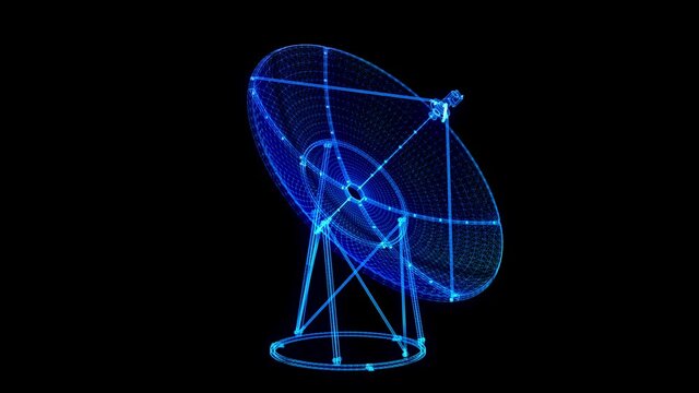 Dish parabolic satellite Antenna space radar from abstract futuristic polygonal lines and dots. Rotating looping wire-frame hologram.