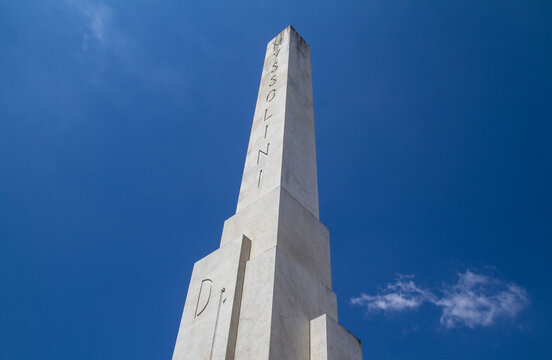 Obelisk for Mussolini (Obelisco di Mussolini) located in Foro Italico sports complex on June 2, 2020 in Rome, Italy.
