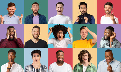 Collage of diverse guys expressing different emotions on colorful backgrounds