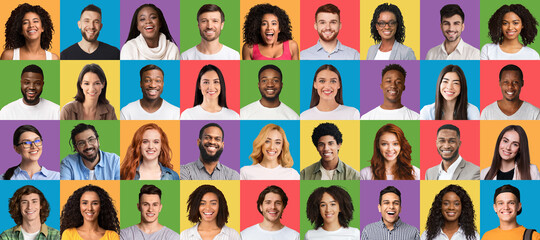 Joyful millennials emotions collage. Smiling multiracial young people portraits on colorful studio backgrounds