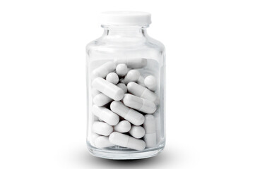 isolated on a white background glass jar with pills.