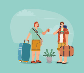 tourist couple with suitcases