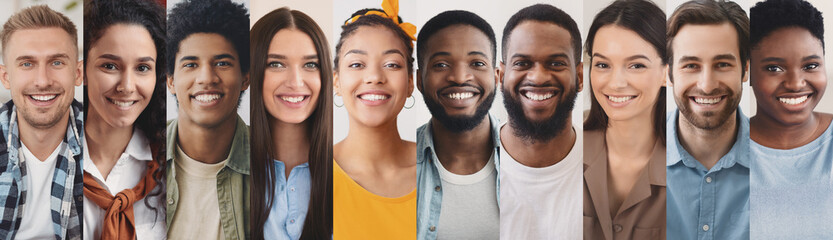 Collection of mutiracial group of smiling millennial people portraits