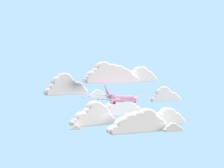 3d render. A pink plane flies surrounded by white clouds. Blue background. Cartoon style