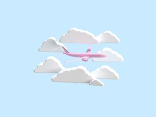 3d render. A pink plane flies surrounded by white clouds. Side view Cartoon style