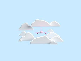 3d render. A pink plane flies through white clouds. Minimalistic style