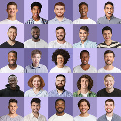Fototapeta na wymiar Carefree multiracial guys showing white smiles, collection of portraits