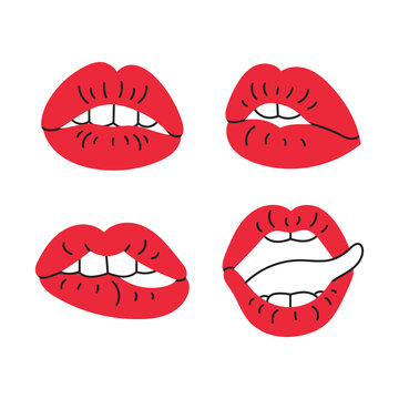 A set of illustrations of women's red lips. Open and closed mouth,teeth,beauty and cosmetics icons. Red lipstick isolated on a white background.Flat,cartoon,doodle.