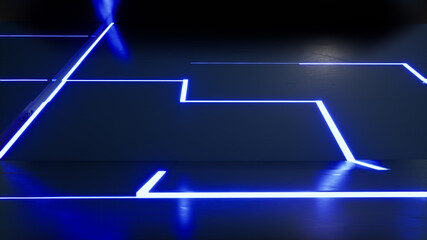 Blue white purple neon lights on the ceiling, wall and floor, 3d rendering