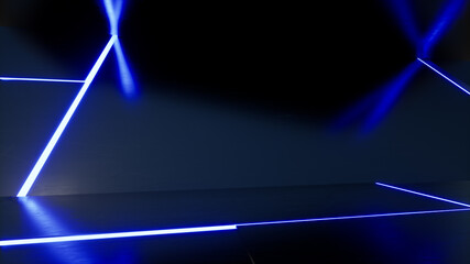 Blue white purple neon lights on the ceiling, wall and floor, 3d rendering