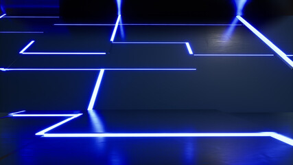 Blue white purple neon lights on the ceiling, wall and floor, 3d rendering