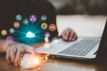 Cloud computing and technology icons touched by hand. Cloud technology collects lifestyle and confidential information such as shopping and internet banking, passwords, financial information.