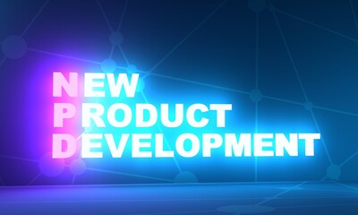 NPD - New Product Development acronym. Neon shine text. 3D render