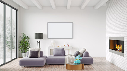 Mock up poster frame in modern interior background, living room, Scandinavian style, 3D rendering