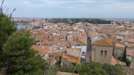 Fototapeta na wymiar Gruissan panoramic top aerial view of city in south France in Occitanie