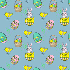 Holiday Easter Seamless pattern. Hand drawn sketch style. Cute Easter bunny, eggs and chicken. Colorful Festive background. Decoration for paper, textile, wallpaper and wrapping.