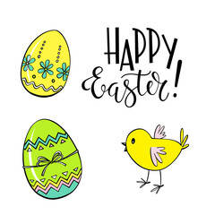Easter design elements for Greeting cards. Hand drawn cartoon style. Colorful Festive background on white. 