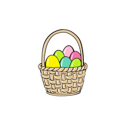 Holiday Easter tradition. Cute Easter Basket with Eggs as design elements for Greeting cards. Hand drawn cartoon style. Colorful Festive background on white. 