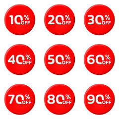 3d sale label or icon set. 10,20,30,40,50,60,70,80,90 percent price off. Circle shape Discount badge or price tag collection. Promotion, ad banner design elements. Vector illustration.