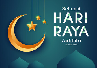 Modem and elegant hari raya greeting with lanterns, moon and stars. The Malay words mean “ happy hari raya” and “ May you forgive us”