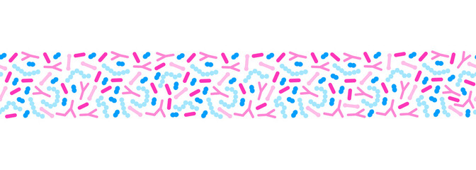 Probiotic bacteria border. Gut microbiota banner with healthy prebiotic bacillus. Lactobacillus, acidophilus, bifidobacteria and other microorganisms for biotechnology.