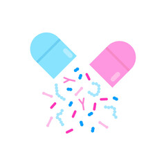 Probiotic bacteria capsule. Good microbiota nutrition supplement in pill. Lactobacillus, acidophilus, bifidobacteria and other microorganisms for biotechnology.