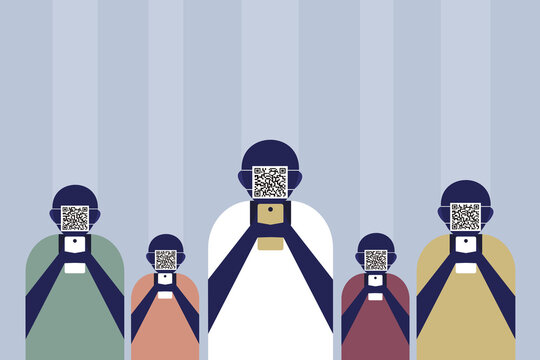 Conceptual illustration of people with QR coded faces looking at mobile phones