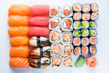 Nigiri sushi set, salmon, tuna and shrimp sushi