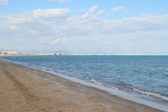 Beautiful panoramic view La Malvarosa beach in february.