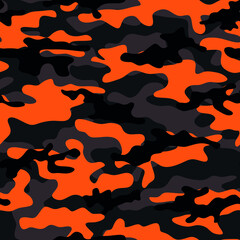 Camouflage on a black background with orange spots. Army pattern for clothes. - obrazy, fototapety, plakaty