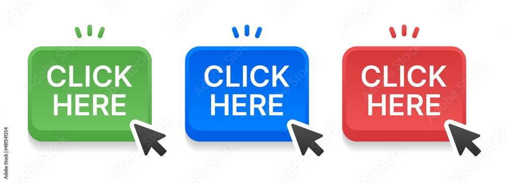 Poster Click here button with mouse cursor icon set.