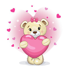 Obraz na płótnie Canvas Cute teddy bear girl with a pink hear in her paws. Teddy bear on a pink background with hearts. Vector cartoon illustration for Valentine's day or birthday.