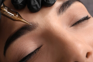 Young woman undergoing procedure of permanent eyebrow makeup in tattoo salon, closeup - obrazy, fototapety, plakaty