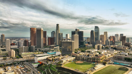 Obraz premium Los Angeles downtown skyline. California theme with LA background, panoramic landscape. Los angels city, downtown top aerial view with drone.