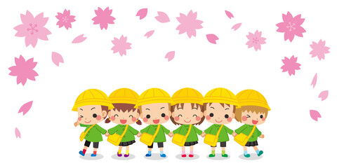 お友達と手を繋いでご機嫌の可愛い幼稚園児の子供たちのイラスト　白背景　桜　クリップアート