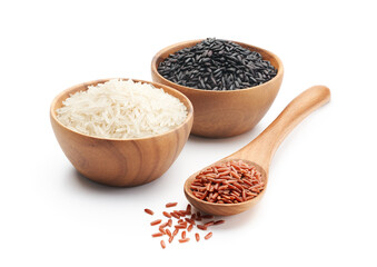 Organic red rice, basmati rice and black wild rice isolated on white background