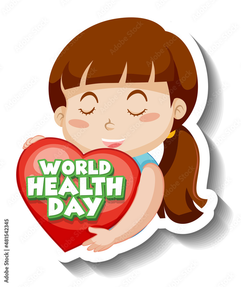 Wall mural A girl hugging heart with world health day word