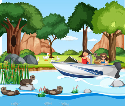 River forest scene with traveller on a speed boat
