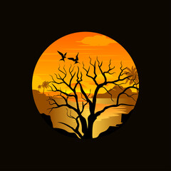 t-shirt logo. silhouette of birds and nature in the afternoon.