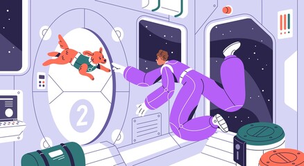 Astronaut and dog fly inside spaceship cabin during space flight. Cosmonaut and puppy floating in cosmos. Man and animal travel by spacecraft. Zero gravity and weightlessness. Flat vector illustration © Good Studio