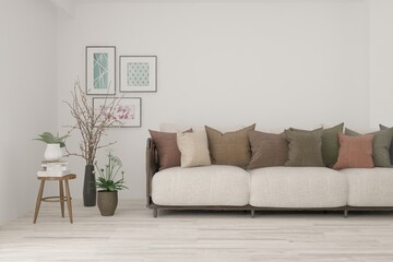 White living room with sofa. Scandinavian interior design. 3D illustration